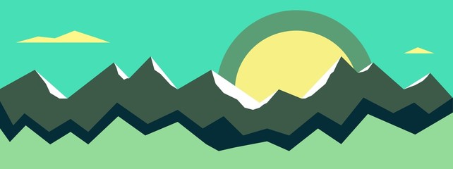 Green geometric background mountains with a sunrise