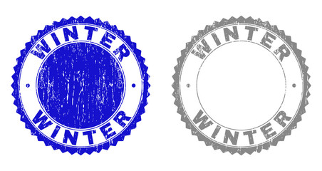 Grunge WINTER stamp seals isolated on a white background. Rosette seals with grunge texture in blue and gray colors. Vector rubber stamp imprint of WINTER text inside round rosette.