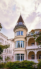 Historic house with tower in the old town of Binz. Summer city on the Baltic Sea coast. Rügen is a popular tourist destination. Mecklenburg-Vorpommern