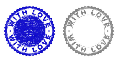 Grunge WITH LOVE stamp seals isolated on a white background. Rosette seals with grunge texture in blue and gray colors. Vector rubber watermark of WITH LOVE title inside round rosette.