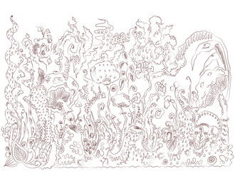 vector hand drawn sketchy illustration of a mysterious fairy wood with different unreal plants and mushrooms. Image for coloring books, art therapy, design element, printed goods, wallpapers.