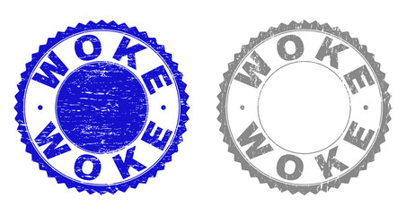 Grunge WOKE stamp seals isolated on a white background. Rosette seals with grunge texture in blue and gray colors. Vector rubber stamp imprint of WOKE caption inside round rosette.