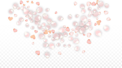 Vector Realistic Petals and Hearts Confetti. Flying Sakura and Hearts on Transparent Background. Wedding Invitation Background. Spring Romance Poster. Vector Illustration for Anniversary Design.