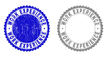 Obraz premium Grunge WORK EXPERIENCE watermarks isolated on a white background. Rosette seals with grunge texture in blue and grey colors. Vector rubber stamp imitation of WORK EXPERIENCE tag inside round rosette.