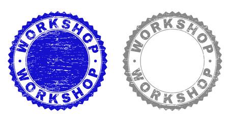 Grunge WORKSHOP stamp seals isolated on a white background. Rosette seals with distress texture in blue and grey colors. Vector rubber stamp imitation of WORKSHOP tag inside round rosette.