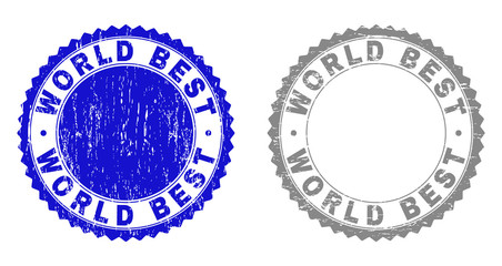 Grunge WORLD BEST stamp seals isolated on a white background. Rosette seals with grunge texture in blue and grey colors. Vector rubber stamp imitation of WORLD BEST text inside round rosette.