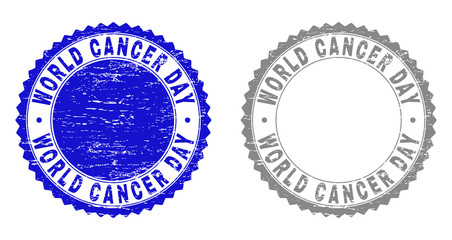 Grunge WORLD CANCER DAY stamp seals isolated on a white background. Rosette seals with grunge texture in blue and gray colors. Vector rubber watermark of WORLD CANCER DAY tag inside round rosette.