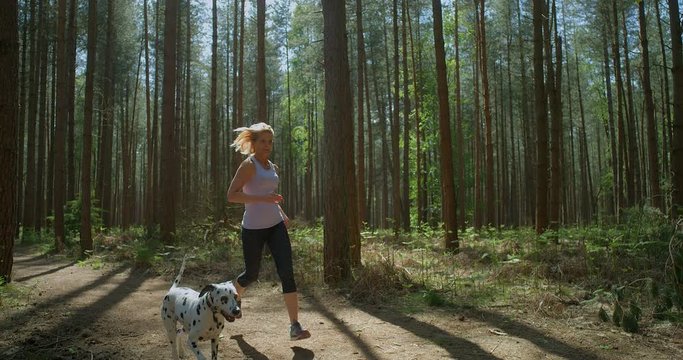 A Mature Adult Woman Running Through A Pine Forest With Pet Dog.