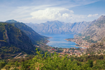 Fototapeta premium Beautiful view of Gulf of Kotor and Kotor city on sunny spring day. Montenegro