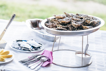 Oysters ready to be eaten in a serving dish