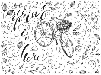 spring is here vector illustration with a vintage bicycle, basket full of flowers, calligraphy lettering and funky doodles. black and white vector typography poster in ink linear line art design.