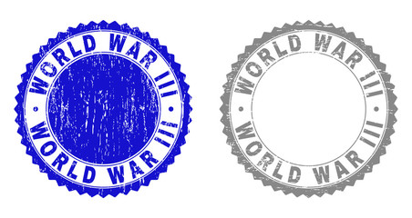 Grunge WORLD WAR III stamp seals isolated on a white background. Rosette seals with grunge texture in blue and gray colors. Vector rubber overlay of WORLD WAR III caption inside round rosette.