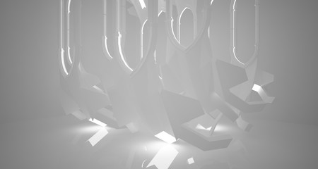 Abstract gothic white interior with neon lighting. 3D illustration and rendering.