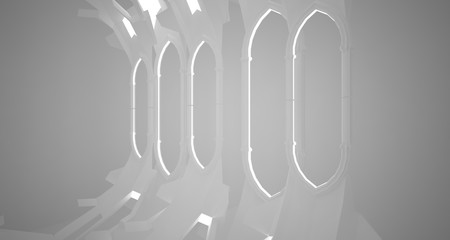 Abstract gothic white interior with neon lighting. 3D illustration and rendering.