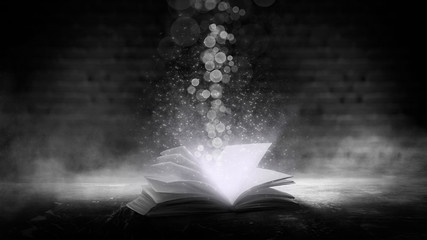 The book is open, magical glow, rays of light. 