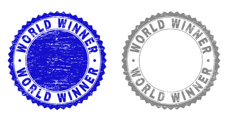 Grunge WORLD WINNER stamp seals isolated on a white background. Rosette seals with grunge texture in blue and grey colors. Vector rubber stamp imprint of WORLD WINNER title inside round rosette.