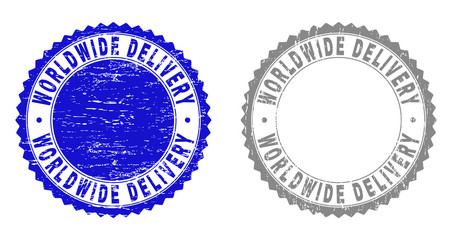 Grunge WORLDWIDE DELIVERY stamp seals isolated on a white background. Rosette seals with grunge texture in blue and grey colors.