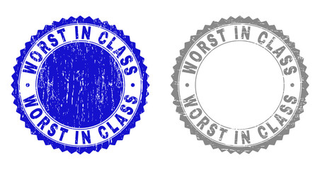 Grunge WORST IN CLASS stamp seals isolated on a white background. Rosette seals with grunge texture in blue and grey colors. Vector rubber stamp imprint of WORST IN CLASS text inside round rosette.