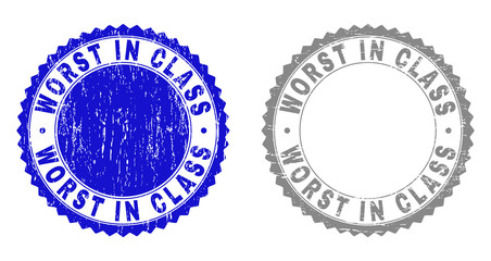 Obraz premium Grunge WORST IN CLASS stamp seals isolated on a white background. Rosette seals with grunge texture in blue and grey colors. Vector rubber stamp imprint of WORST IN CLASS text inside round rosette.