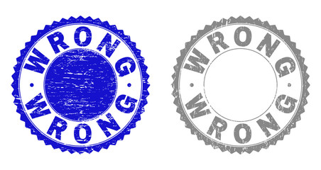 Grunge WRONG stamp seals isolated on a white background. Rosette seals with grunge texture in blue and gray colors. Vector rubber stamp imitation of WRONG title inside round rosette.