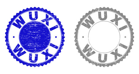 Grunge WUXI stamp seals isolated on a white background. Rosette seals with distress texture in blue and grey colors. Vector rubber stamp imprint of WUXI label inside round rosette.