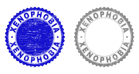 Grunge XENOPHOBIA stamp seals isolated on a white background. Rosette seals with grunge texture in blue and gray colors. Vector rubber stamp imprint of XENOPHOBIA title inside round rosette.