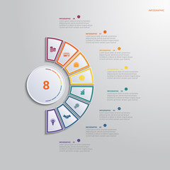 Template for infographics with 8 text area positions. diagram with multi-colored elements of a semicircle around a circle