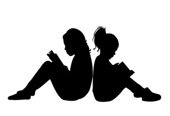 sisters reading book, silhouette vector