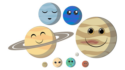 Smiling planets of the Solar System. Planets with faces funny characters: Mercury, Venus, Earth, Mars, Jupiter, Saturn, Uranus, Neptune