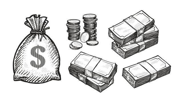 Money concept. Business, banking, finance sketch. Hand drawn vintage vector illustration