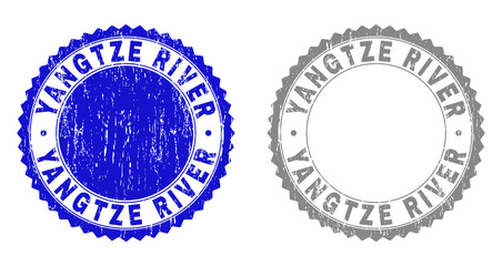Grunge YANGTZE RIVER watermarks isolated on a white background. Rosette seals with distress texture in blue and grey colors. Vector rubber stamp imprint of YANGTZE RIVER text inside round rosette.