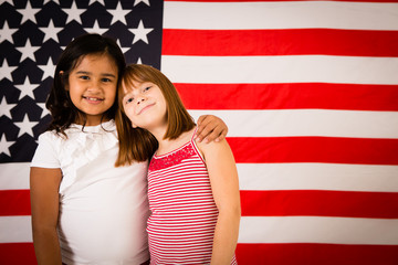 Happy Girls by American Flag - Friendship, Unity - Room for Text