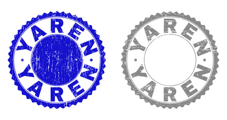 Grunge YAREN stamp seals isolated on a white background. Rosette seals with grunge texture in blue and gray colors. Vector rubber stamp imprint of YAREN label inside round rosette.