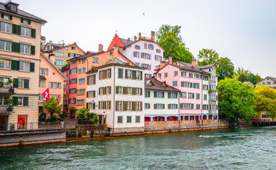 Beautiful river Limmat and city center of Zurich, Switzerland