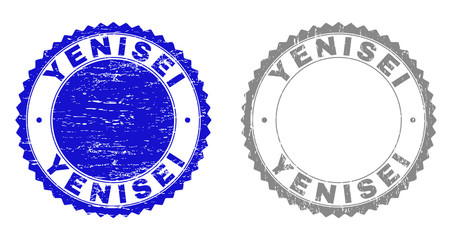 Obraz premium Grunge YENISEI stamp seals isolated on a white background. Rosette seals with grunge texture in blue and grey colors. Vector rubber stamp imitation of YENISEI caption inside round rosette.