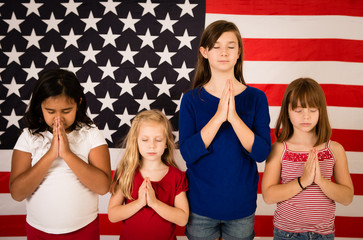 Group of Girls Praying by American Flag - Prayer, Religion, Hope