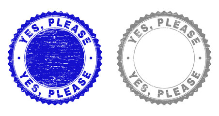 Grunge YES, PLEASE stamp seals isolated on a white background. Rosette seals with grunge texture in blue and gray colors. Vector rubber stamp imprint of YES, PLEASE tag inside round rosette.