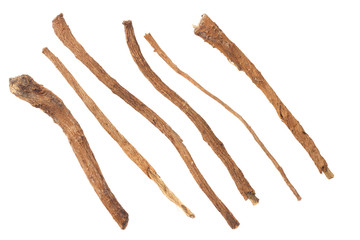 licorice roots isolated on white background. top view