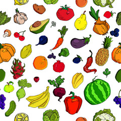 Vegetables and fruits seamless pattern background. Colorful template for cooking, restaurant menu and vegetarian food