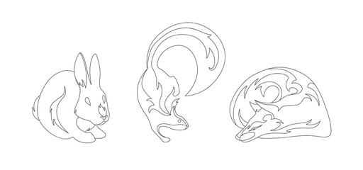Vector outline set of forest animals with hare, squirrel, fox. Black and white illustration for coloring book.