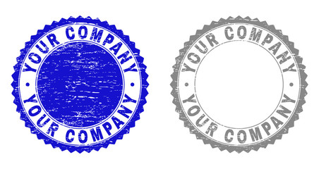 Grunge YOUR COMPANY stamp seals isolated on a white background. Rosette seals with grunge texture in blue and grey colors. Vector rubber stamp imprint of YOUR COMPANY tag inside round rosette.