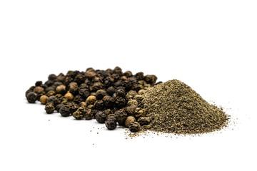 peppercorns and ground pepper isolated on white background