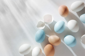Natural Colored Eggs with morning sunlights. Stylish Compositions in pastel colors.  Easter concept.