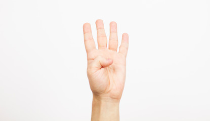 hand showing number four on white background, closeup. Sign language
