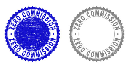 Obraz premium Grunge ZERO COMMISSION stamp seals isolated on a white background. Rosette seals with grunge texture in blue and gray colors.