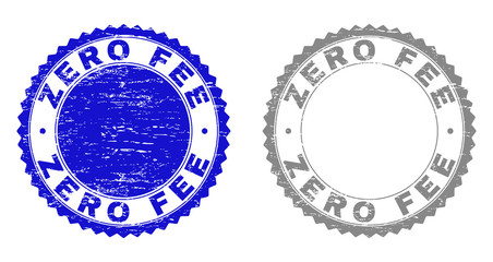 Obraz premium Grunge ZERO FEE stamp seals isolated on a white background. Rosette seals with grunge texture in blue and grey colors. Vector rubber overlay of ZERO FEE label inside round rosette.