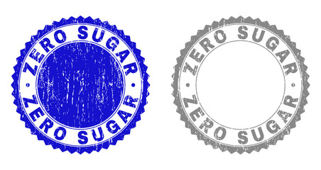 Grunge ZERO SUGAR stamp seals isolated on a white background. Rosette seals with grunge texture in blue and grey colors. Vector rubber stamp imitation of ZERO SUGAR label inside round rosette.