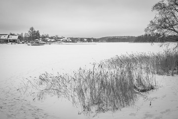 Trakai Castle Frozen Lake / Trakai, Lithuania - Jan 2019.