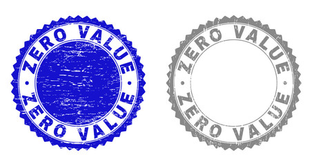 Grunge ZERO VALUE stamp seals isolated on a white background. Rosette seals with distress texture in blue and gray colors. Vector rubber stamp imprint of ZERO VALUE label inside round rosette.