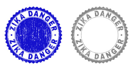 Grunge ZIKA DANGER stamp seals isolated on a white background. Rosette seals with grunge texture in blue and grey colors. Vector rubber stamp imprint of ZIKA DANGER tag inside round rosette.